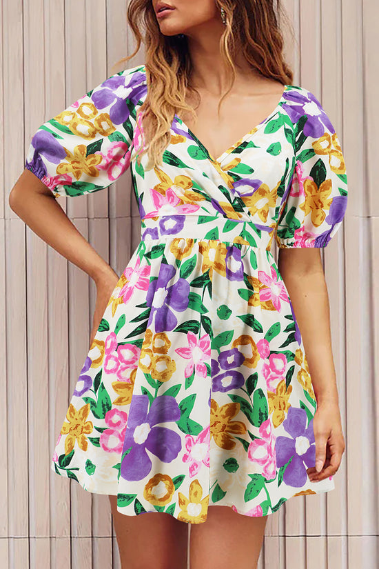 Flowers Print V-Neck Lantern-sleeve Dress Y2K Summer Vacation Beach Short Dresses Fashion Womens Clothing