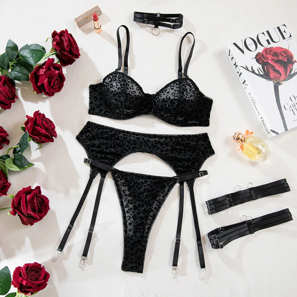 Flocking Fabric Leopard Print Transparent Black Mesh Waistcoat Sexy Lingerie Set - DanaFashionstore