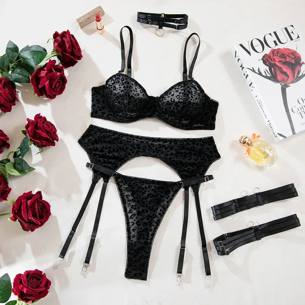 Flocking Fabric Leopard Print Transparent Black Mesh Waistcoat Sexy Lingerie Set - DanaFashionstore