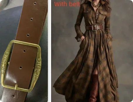 Ins Plaid Print Long-Sleeved Dress Fashion Pockets Collared Buttons Shirt Long Dresses Retro Women's Clothing - DanaFashionstore