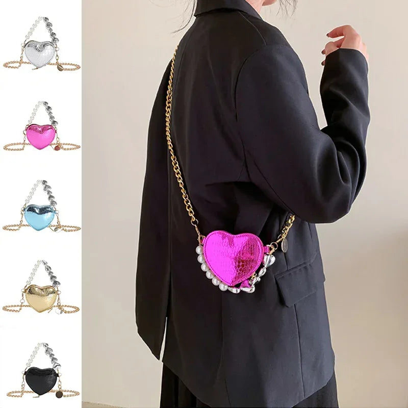 Mini Love-shape Pearls Handbag Fashion Cute Chain Lipstick Bag Women's Bright Candy Color Shoulder Messenger Bag - DanaFashionstore