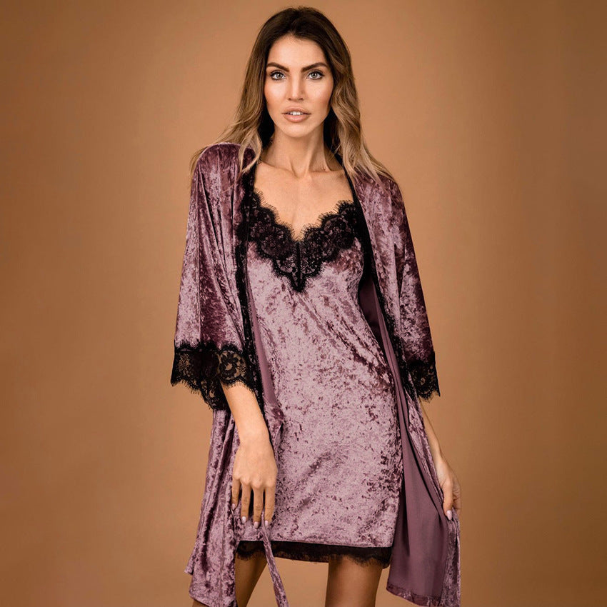 Gold Velvet Sling Lace Mid-length Nightdress Cardigan Waist Waist Nightgown - Dana Fashion