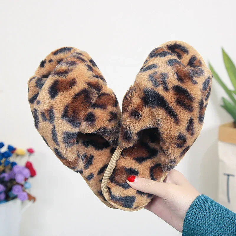 Cross-strap Fuzzy Slippers Leopard Plush House Shoes Flat Bedroom Slippers Slippers For Women - DanaFashionstore