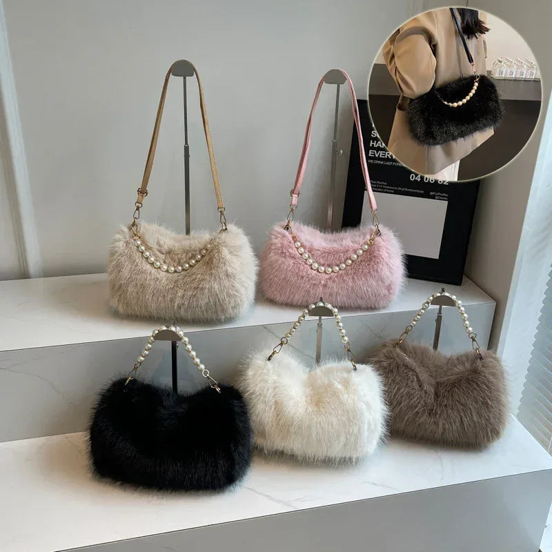 Autumn And Winter Fashion Shoulder Bags Pearl Chain Crossbody Bag Versatile Commuting Armpit Plush Female Bag - DanaFashionstore
