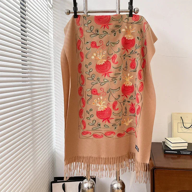 Contrast Color Pomegranate Leaf Embroidered Double-sided Shawl - DanaFashionstore