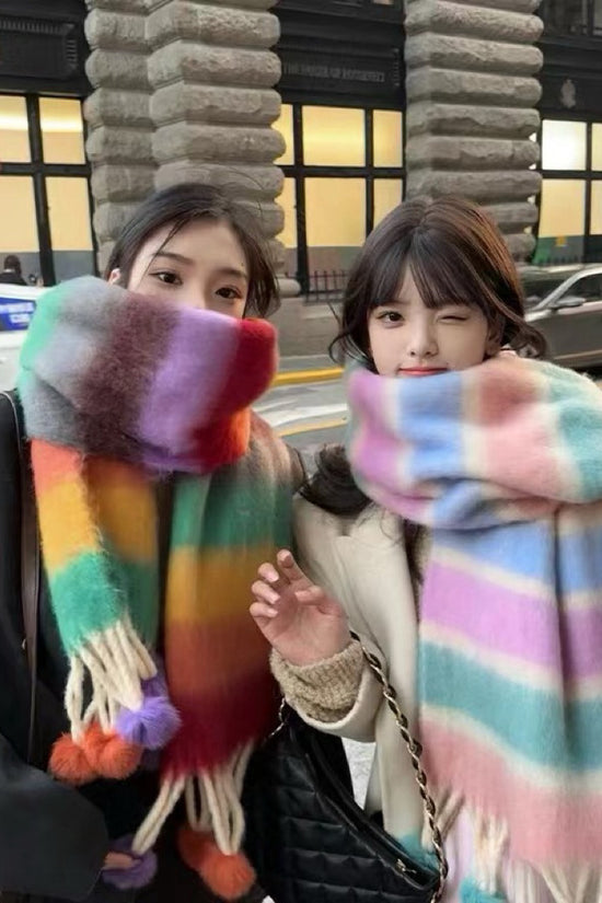 Rainbow Dopamine Mohair Tassel Scarf