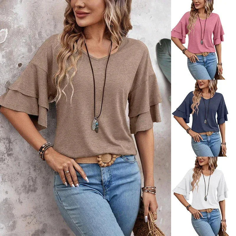 Loose V-neck Ruffle Sleeve T-shirt Fashion Solid Mid-sleeve Tops Women's Clothing - DanaFashionstore