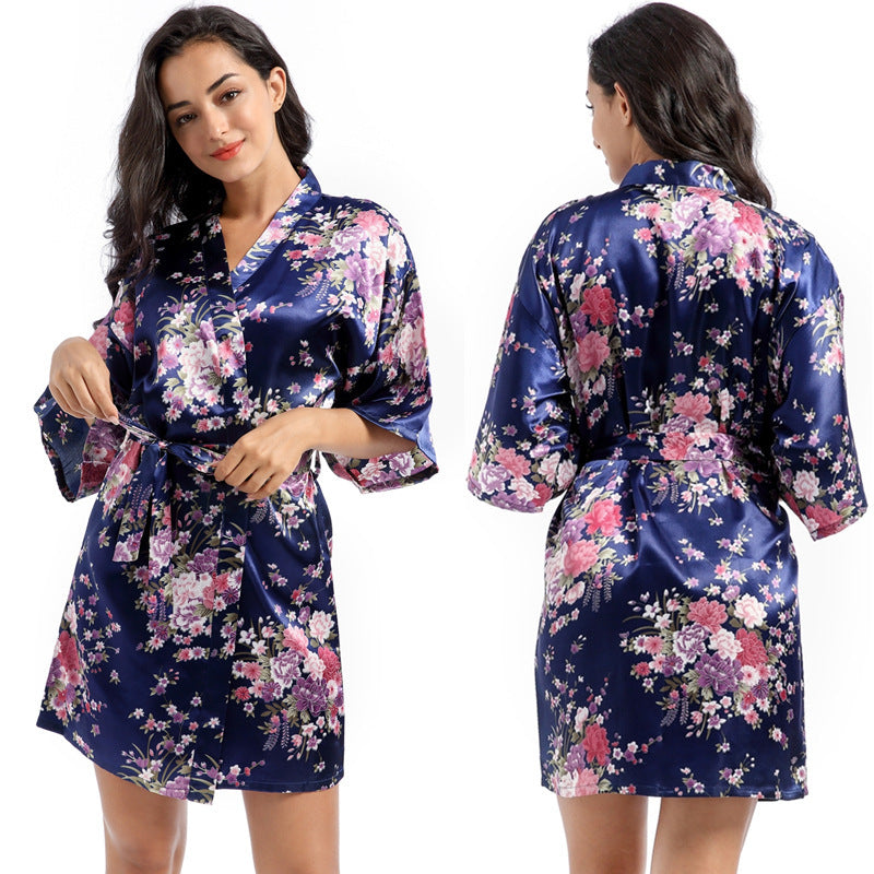 Home Short Cardigan Nightgown Plus Size Loose Silk Printing Morning Gowns - Dana Fashion
