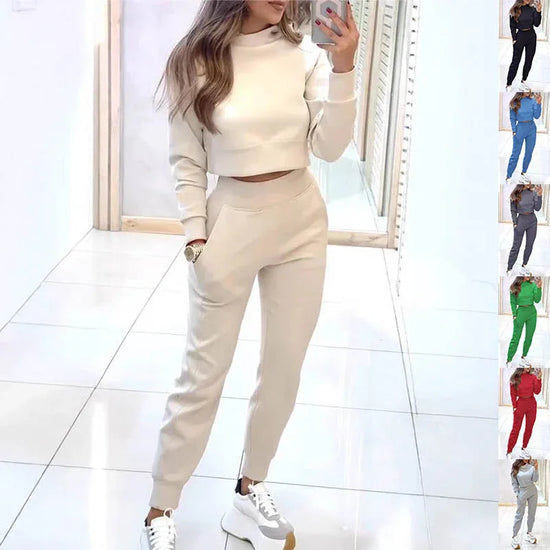 Stand Collar Sports Suit Fashion Pullover Long-sleeves Short Top And Slim Trousers With Pockets Solid Outfits Women's Clothing - DanaFashionstore