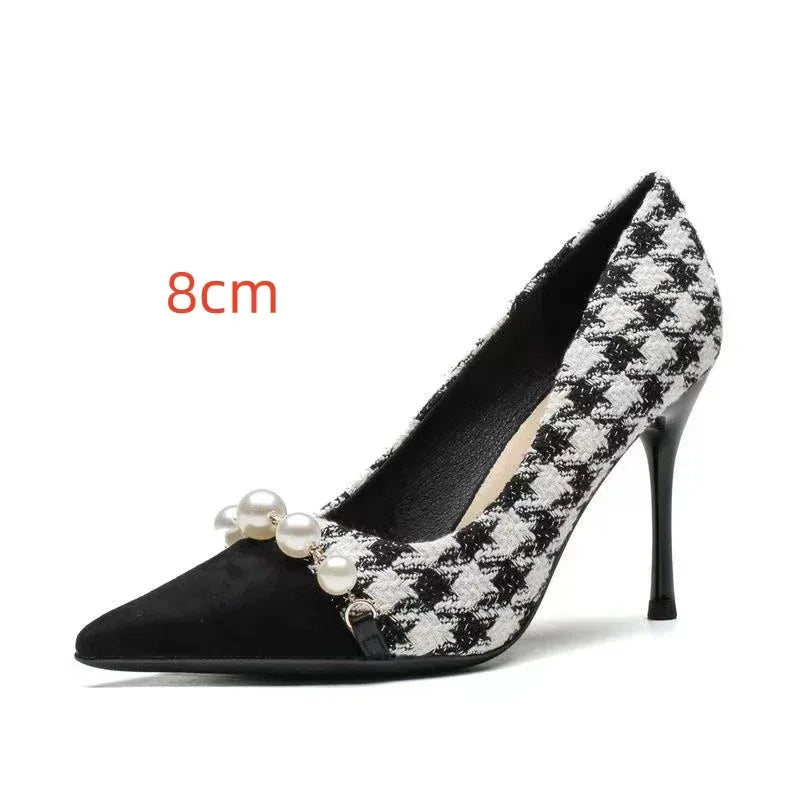 Shallow Mouth Pointed Pearl Chain Plaid Women's Single Shoes - DanaFashionstore
