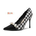 Shallow Mouth Pointed Pearl Chain Plaid Women's Single Shoes - DanaFashionstore