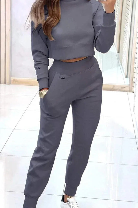 Stand Collar Sports Suit Fashion Pullover Long-sleeves Short Top And Slim Trousers With Pockets Solid Outfits Women's Clothing - DanaFashionstore