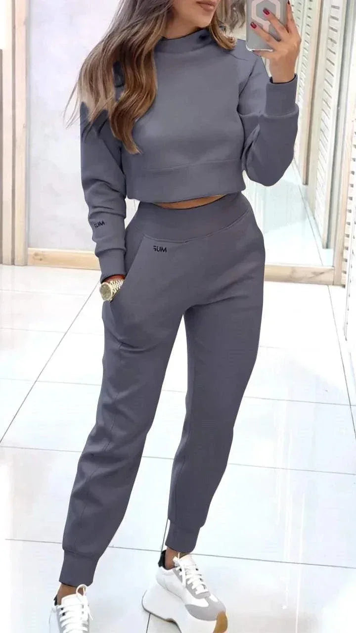Stand Collar Sports Suit Fashion Pullover Long-sleeves Short Top And Slim Trousers With Pockets Solid Outfits Women's Clothing - DanaFashionstore