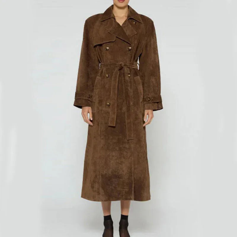 Double Breasted Lapel Shift Coat With Belt Fashion Vintage Suede Long Coat Winter Outwear Women's Clothing - DanaFashionstore