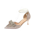 Rhinestone Bow Pointy Hollow Pearl Heels - DanaFashionstore
