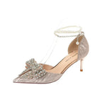 Rhinestone Bow Pointy Hollow Pearl Heels - DanaFashionstore