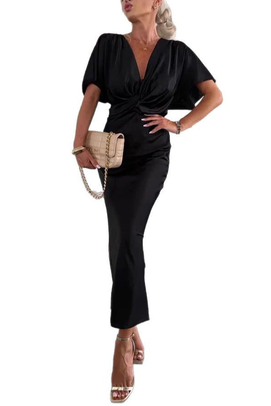 Solid Color And V-neck Cross Junction Slim Fit Long Dress