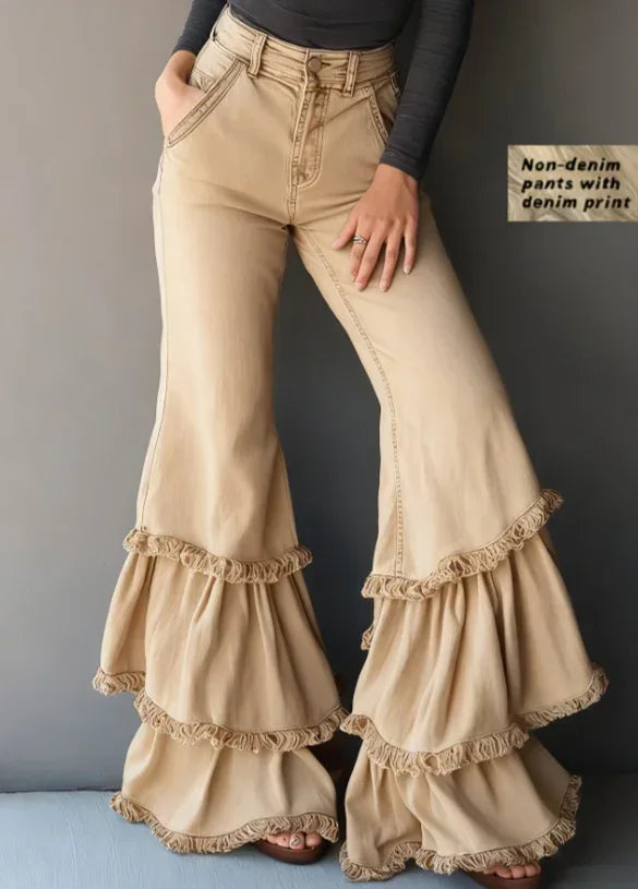Denim-like Printed Multi-layer Ruffled Flared Pants - DanaFashionstore