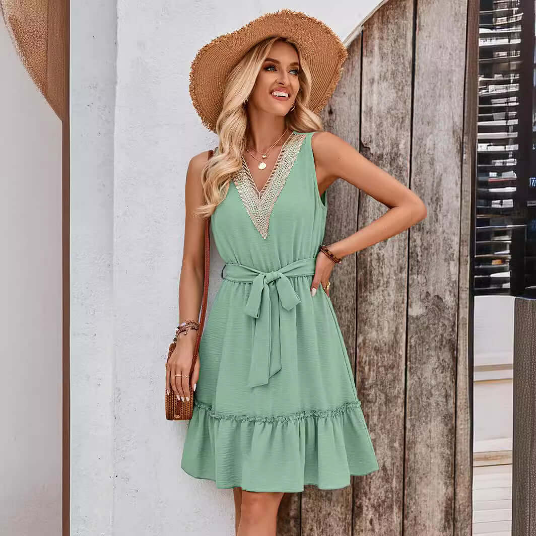 V-neck Sleeveless Lace Waist Dress $39.50 Dana Fashion Color: Black Size: L Women's clothing Product information: Color: black, blue, green Waist Type: Mid waist Size: S,M,L,XL Popular elements: lace Main fabric composition: Polyester Sleeve length: sleev