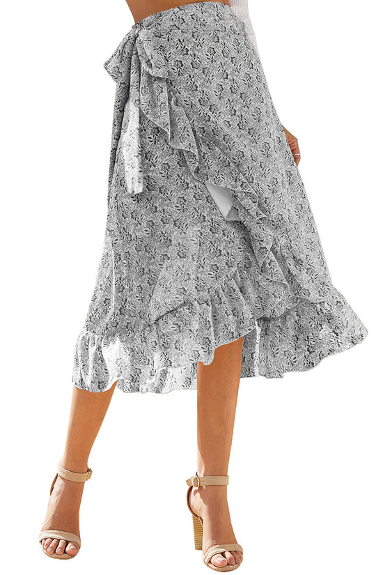 Woman Skirts High Waist Fashion Long Black Knotted Tied Wrap Floral Ruffle Chiffon A-Line Split Skirt Spring Summer Clothes