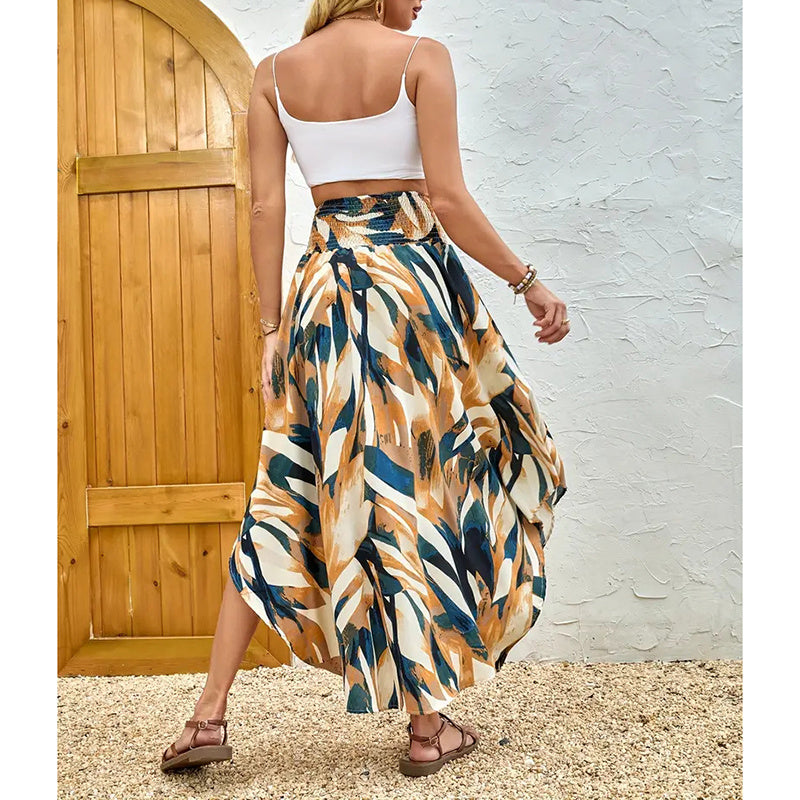 Women's High Elastic Waist Midi Skirt Casual Summer Trendy Tie Front Flowy Floral Print Beach Long Skirt - Dana Fashion