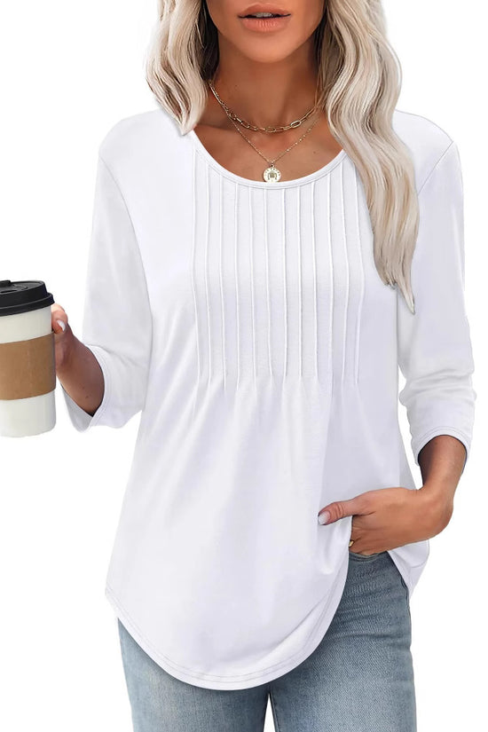 Women's Long Sleeve Top Fashion Casual Pleated Low Round Neck