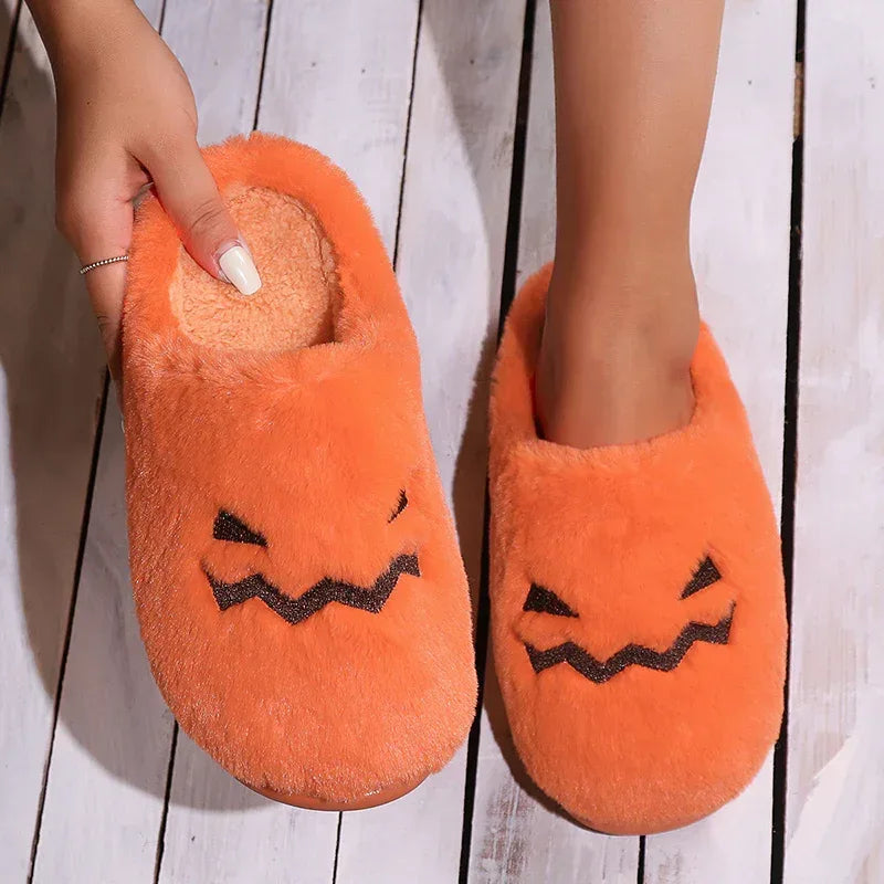 Cute Halloween Pumpkin Slippers Winter Warm Plush Bedroom Floor Home Slippers Casual Slip On Comfortable Cozy Indoor House Shoes - DanaFashionstore
