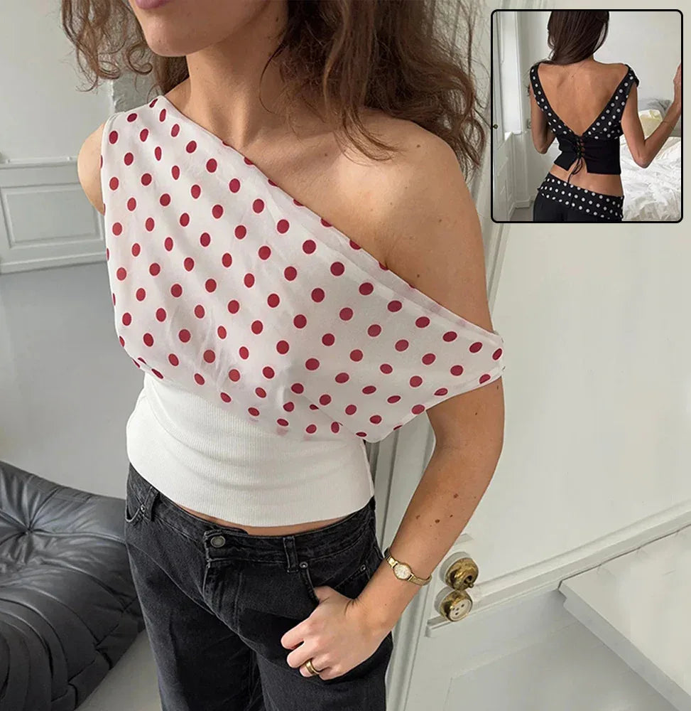 Polka Dots Print Oblique Shoulder Tops Summer Patchwork Chiffon Crop Top Women Sexy Sleeveless Lace Up Backless Blouse Casual Streetwear Tee - DanaFashionstore