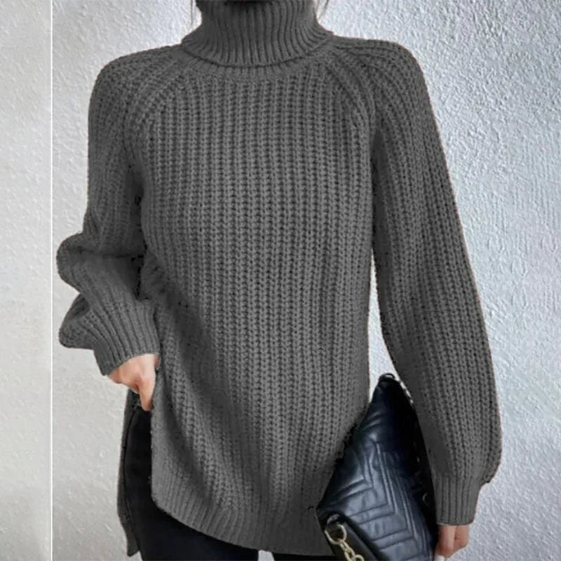 Turtleneck Pullover Sweater With Split Design Fashion Simple Solid Color Long Sleeve Tops Women's Clothing - DanaFashionstore