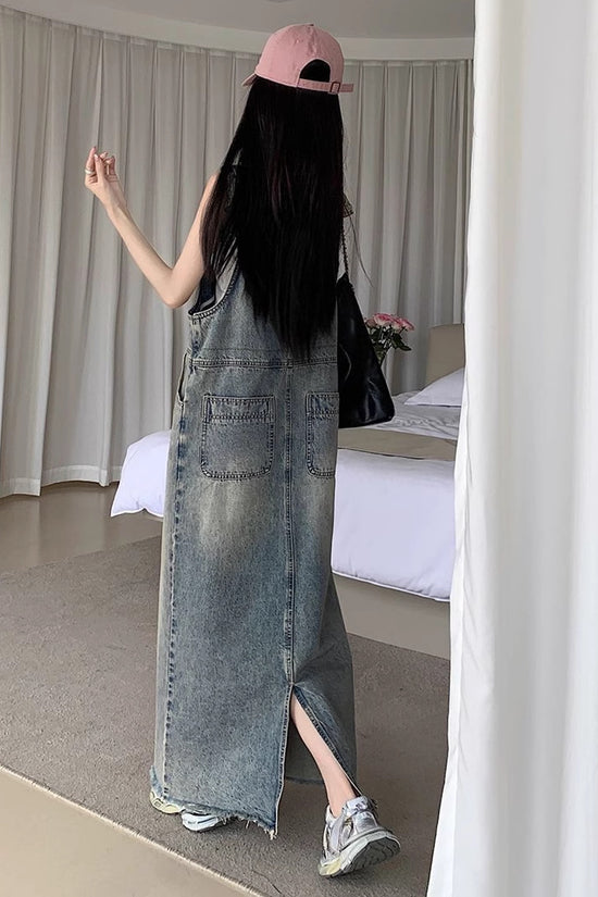 All-matching Retro Anti-aging Sleeveless Strap Dress Women's Spring And Summer Leisure Loose Slimming And Straight Denim Long Skirts