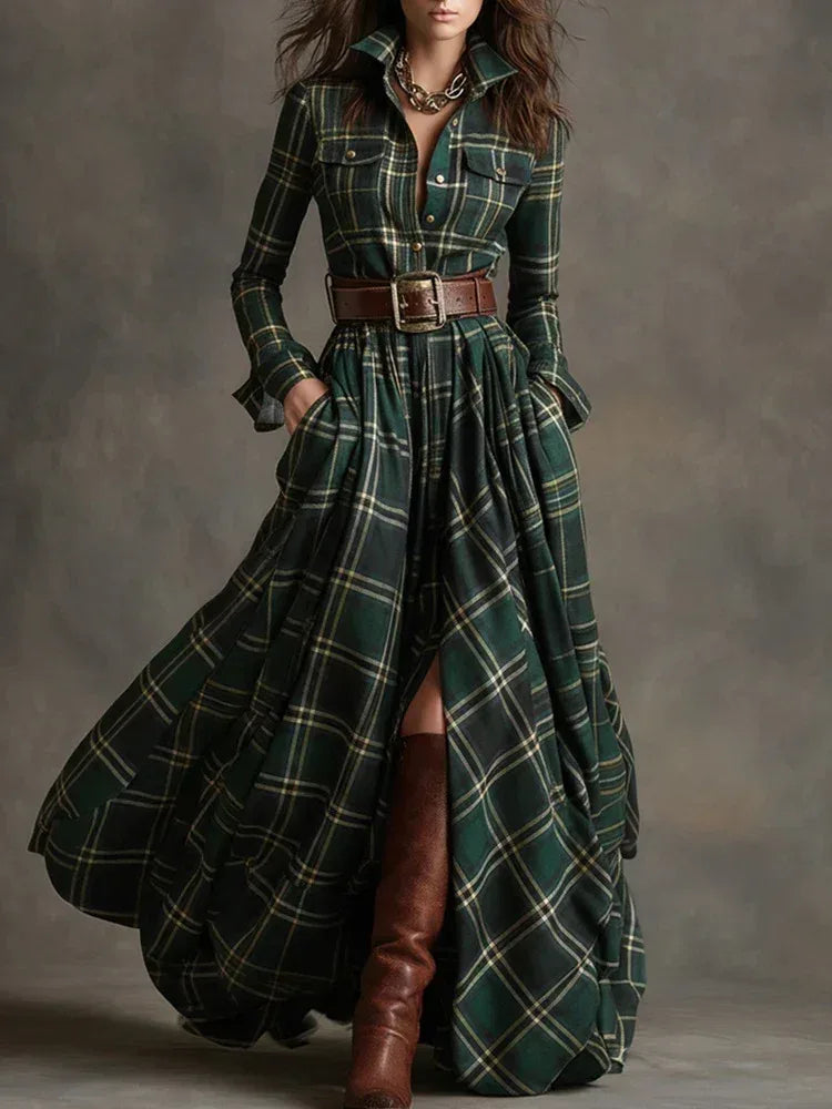 Ins Plaid Print Long-Sleeved Dress Fashion Pockets Collared Buttons Shirt Long Dresses Retro Women's Clothing - DanaFashionstore