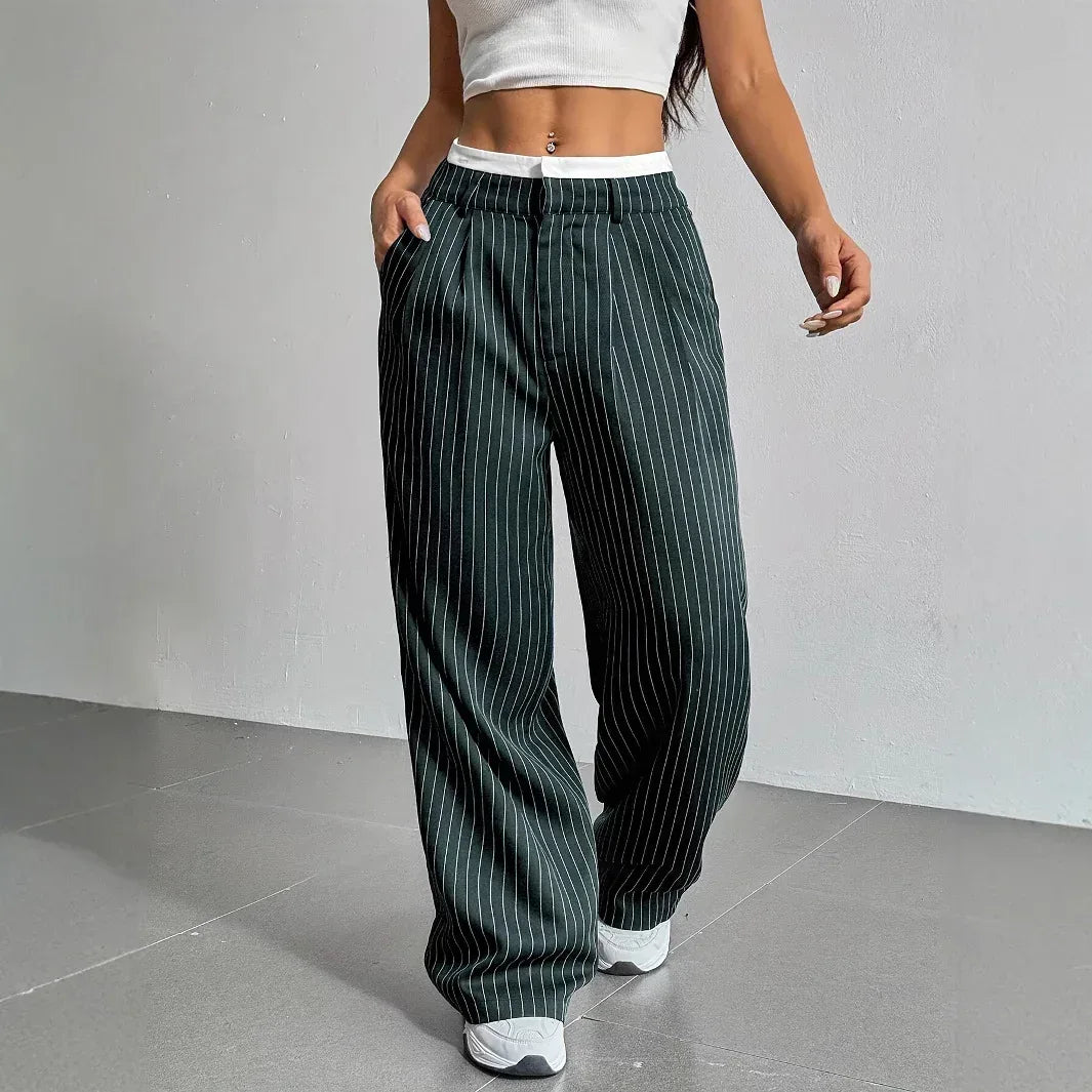 Stripe Printed Trousers Fashion High Waist Straight Leg Pants With Pocket Zipper Casual Suit Pants For Women - DanaFashionstore