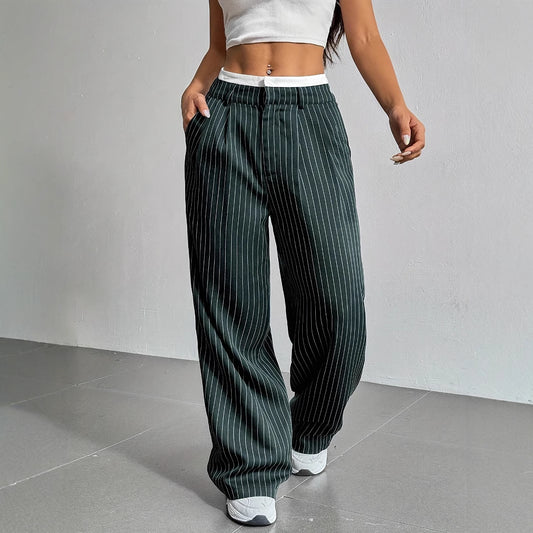 Stripe Printed Trousers Fashion High Waist Straight Leg Pants With Pocket Zipper Casual Suit Pants For Women