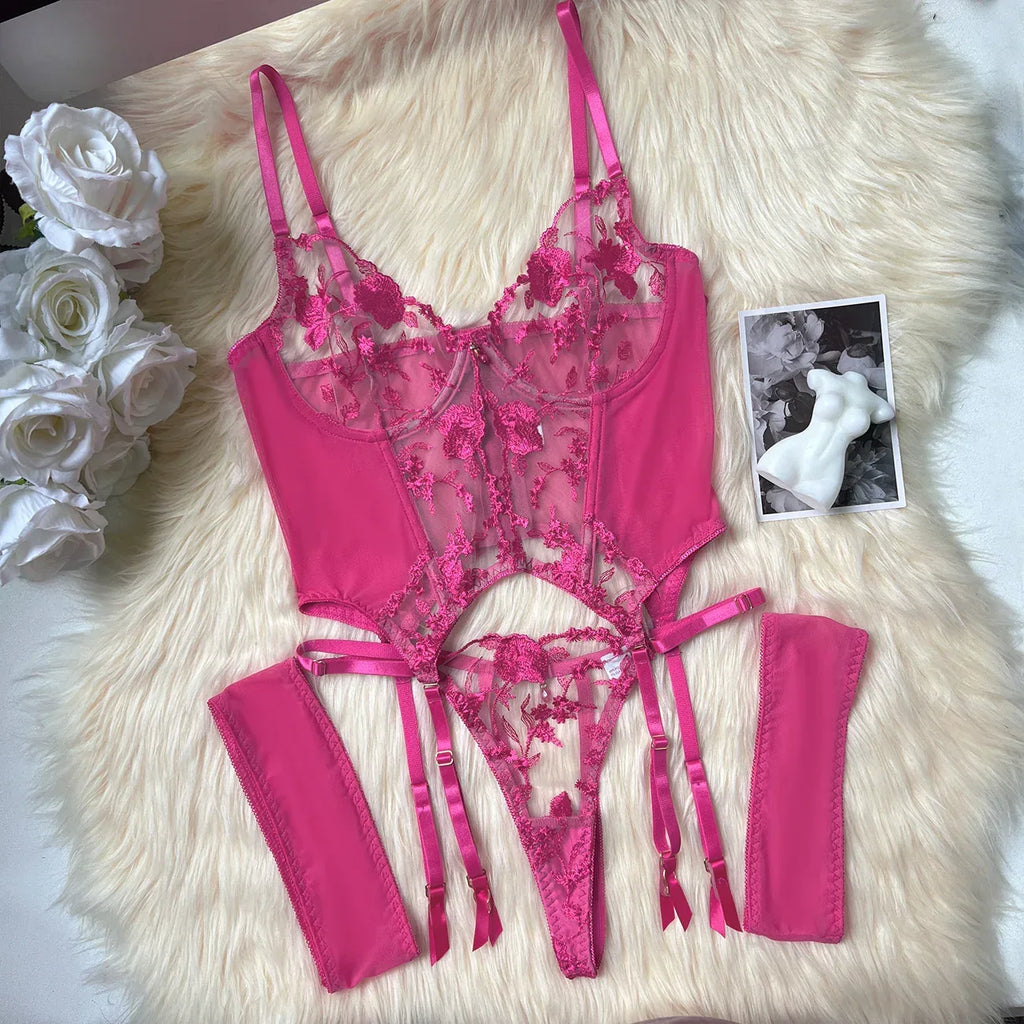 Three-point European And American Style Underwear Mesh Embroidery See-through Suit - DanaFashionstore