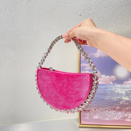 Vintage Banquet Rhinestone Semicircle Bag Diamond Velvet Clutch - Dana Fashion