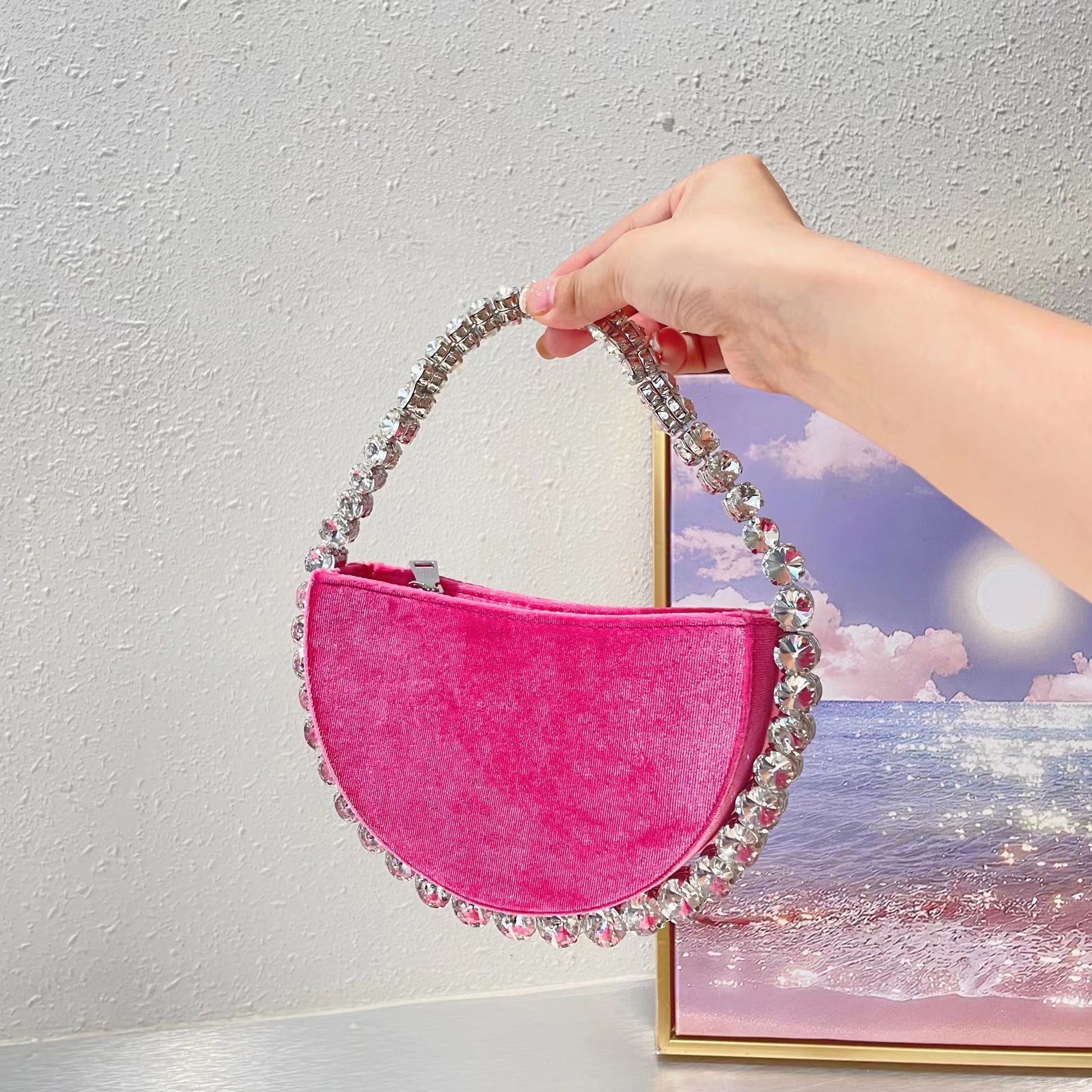 Vintage Banquet Rhinestone Semicircle Bag Diamond Velvet Clutch - Dana Fashion