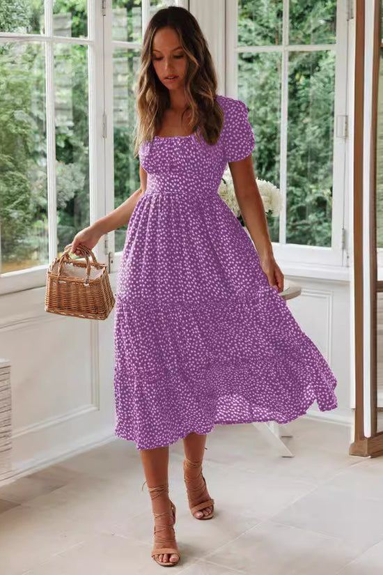 Square Collar Short Sleeve Dress Summer Puff Floral Printed Dress Long Dresses