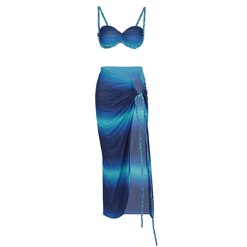 Sexy Fashion Beach Swimsuit Woven Halter Top Top Split Skirt Suit - DanaFashionstore