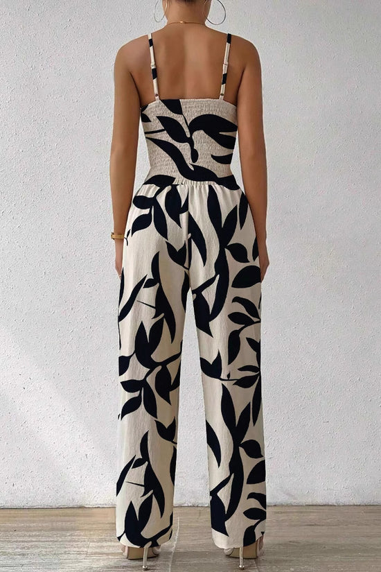 Fashion Floral Print Jumpsuit Elastic Waist Belt Jumpsuit