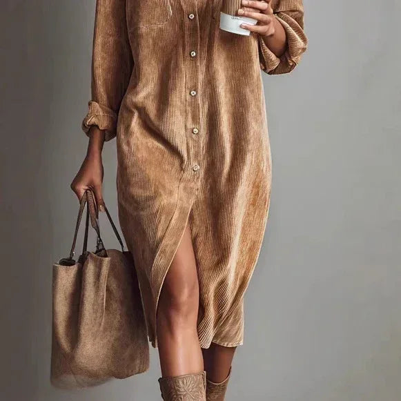 Turn-Down Collar Buttons Chic Casual Dress, Women Spring Autumn Solid Simple Party Dress, Long Sleeve Holiday Ladies Dress - DanaFashionstore