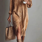 Turn-Down Collar Buttons Chic Casual Dress, Women Spring Autumn Solid Simple Party Dress, Long Sleeve Holiday Ladies Dress - DanaFashionstore