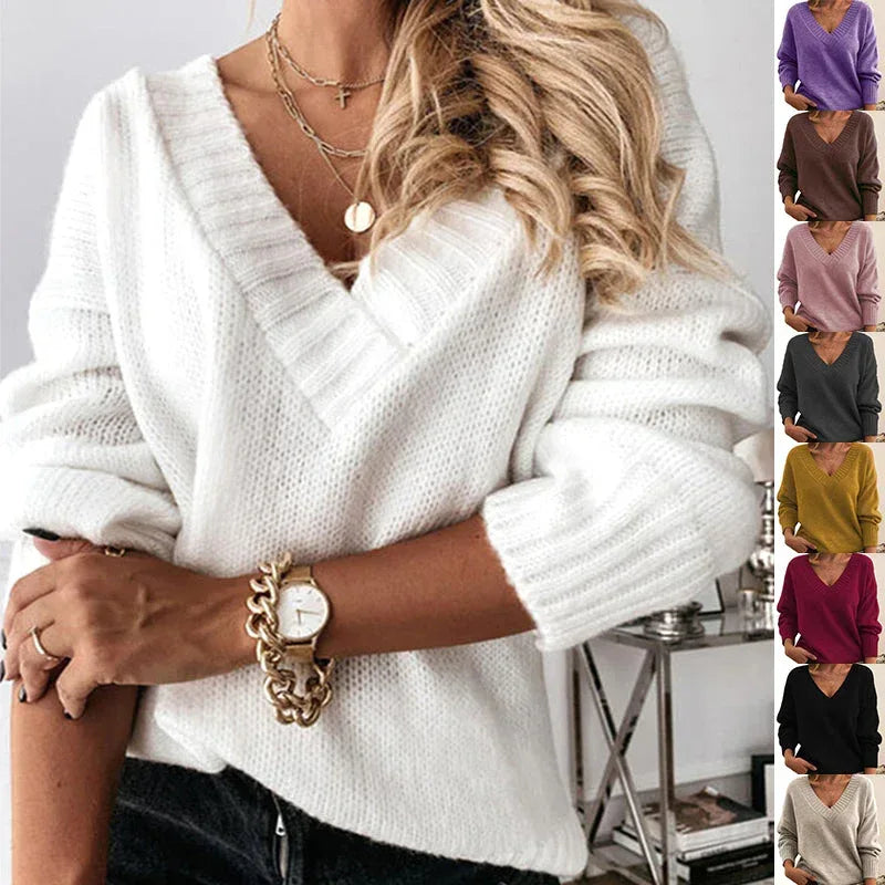Solid V-neck Sweater Fashion Loose Long-sleeved Knitted Tops Autumn And Winter Women's Clothing - DanaFashionstore