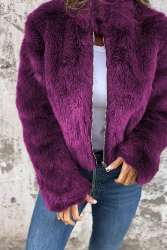 Fashion Stand Collar Plush Jacket Winter Casual Turtleneck Zipper Coat Fleece Tops Women's Clothing