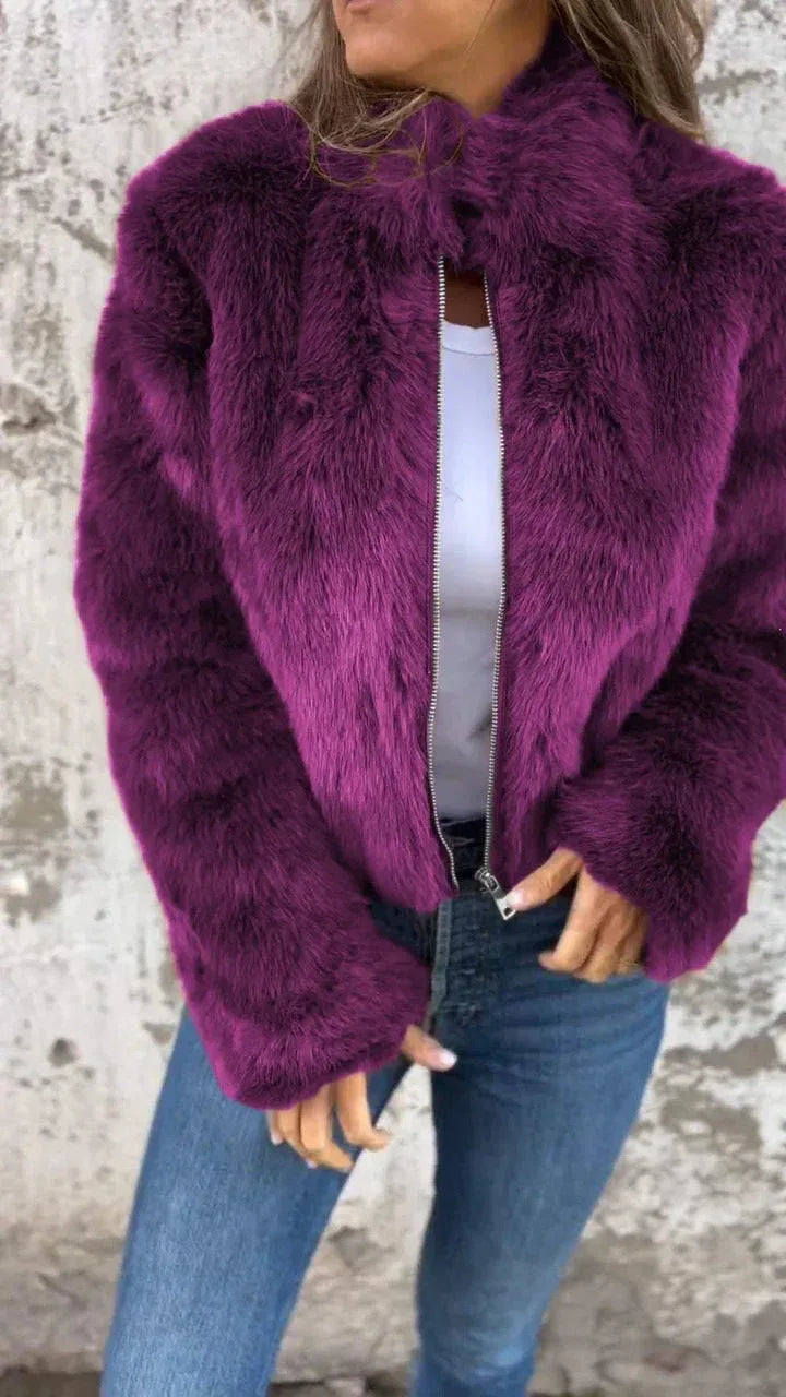 Fashion Stand Collar Plush Jacket Winter Casual Turtleneck Zipper Coat Fleece Tops Women's Clothing - DanaFashionstore