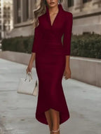 Elegant Solid-color Long-sleeve V-neck Satin Dress