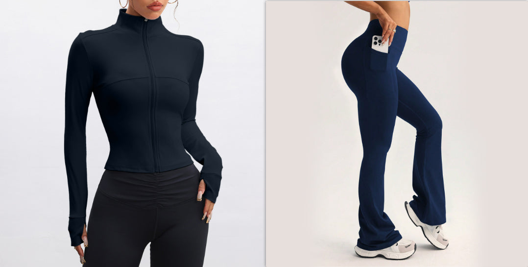 Stand Collar Long-sleeve Zipper Jacket High Waist Pocket Wide Leg Pants Suit