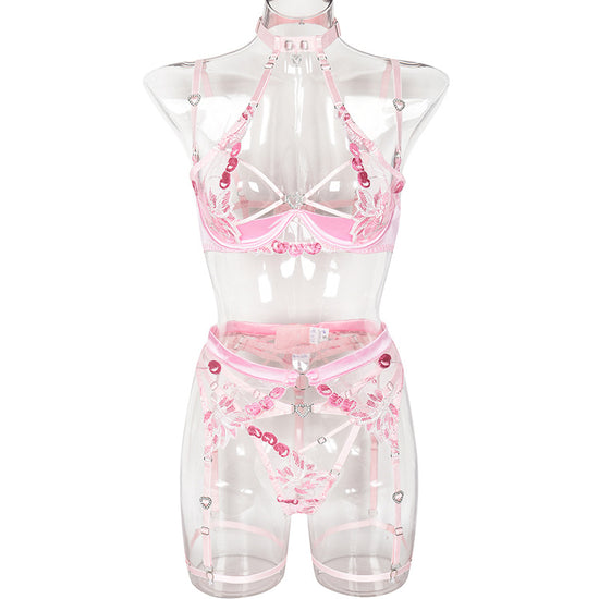 Love Drill Buckle Sexy Cutout Embroidered Sexy Lingerie Suit