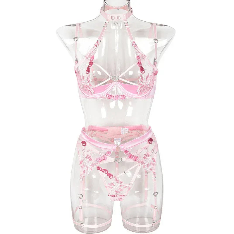 Love Drill Buckle Embroidered Lingerie 2026 - Sexy Cutout Suit - DanaFashionstore