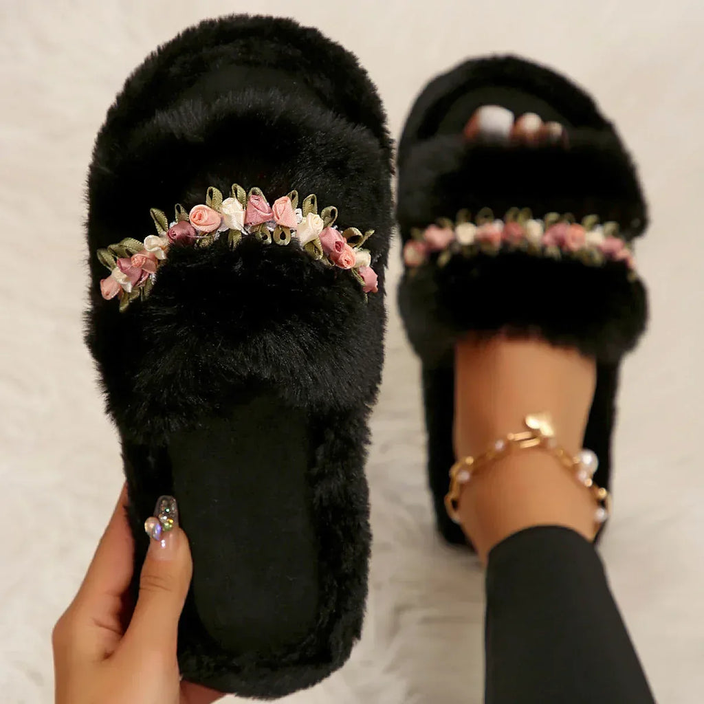 Flower Fluffy Slippers Female Soft Bottom Home Word Cotton Slippers - DanaFashionstore