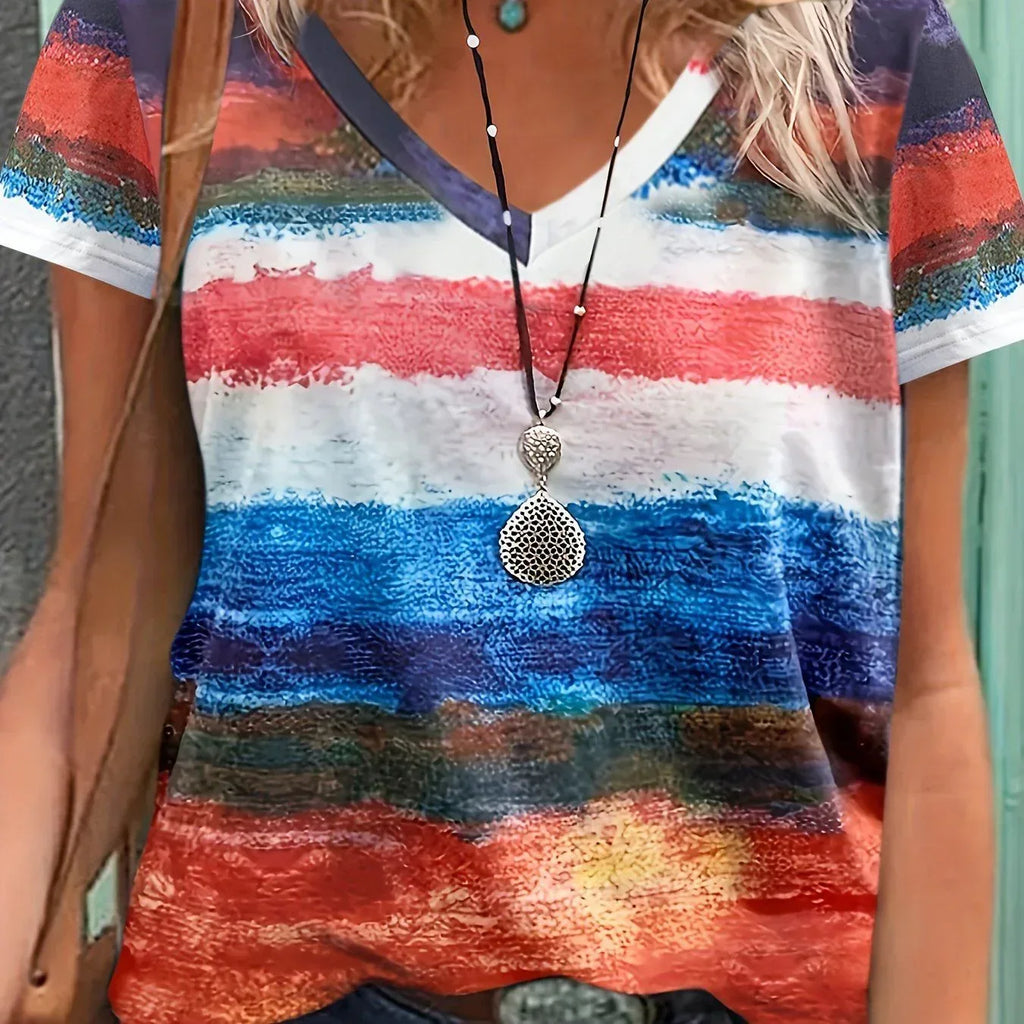 Casual Top Fashion Trend Stripes Short Sleeve Women V-neck - DanaFashionstore